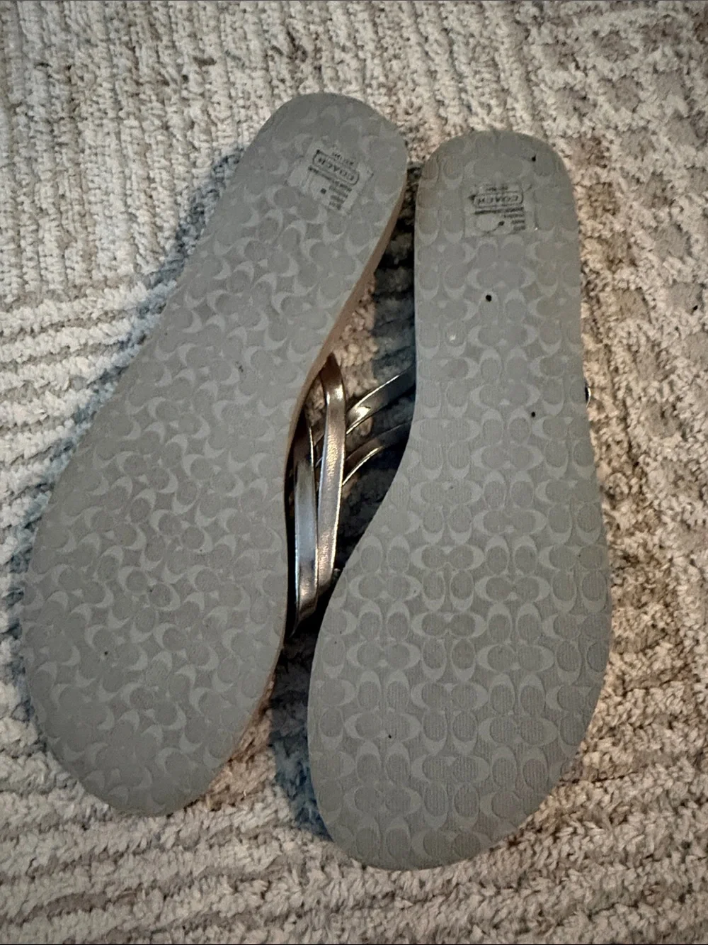 Coach Metallic Silver Logo Thong Sandals